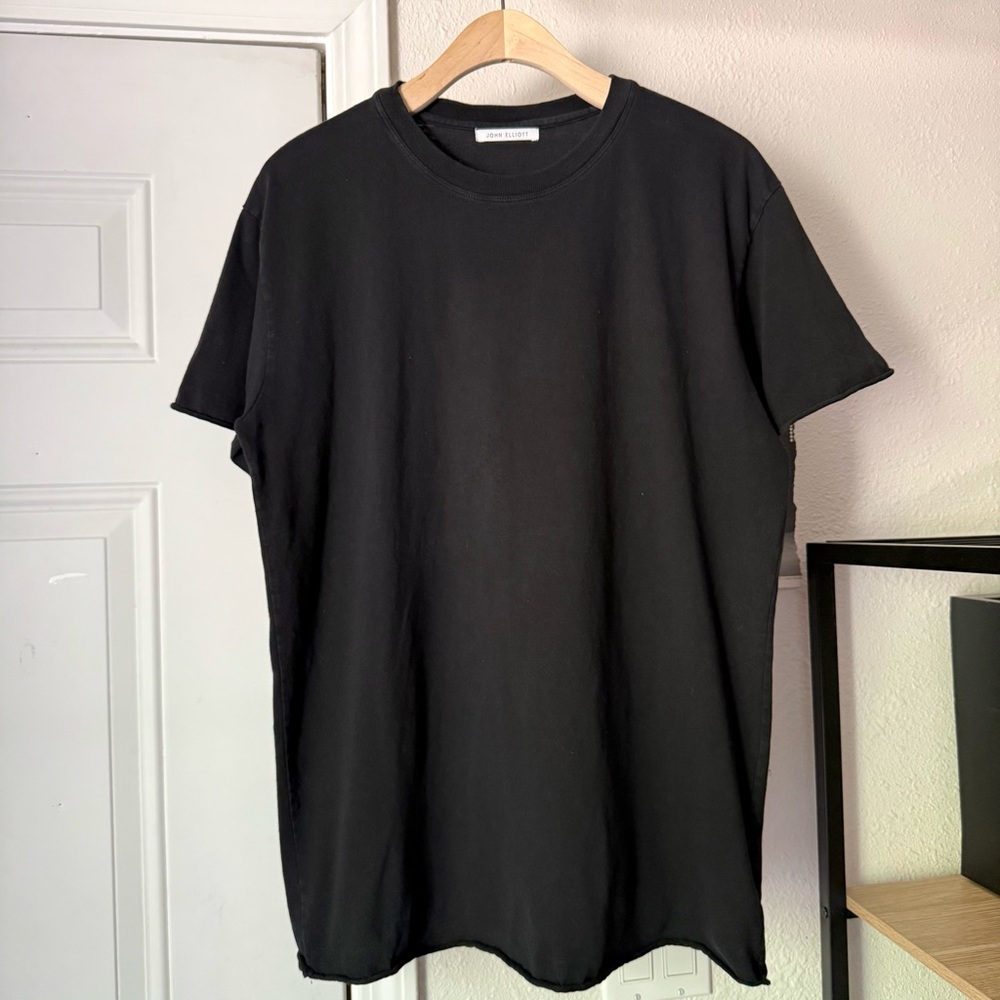 JOHN ELLIOTT black cotton raw fray hem short sleeve crew neck tee t-shirt